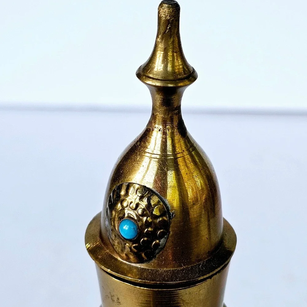 Vintage Brass Dallah Coffee Pot Turquoise Coral Accents Middle Eastern Decor 8in